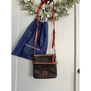Dooney & Bourke Pebble Grain Crossbody, dark brown & tan leather trim.